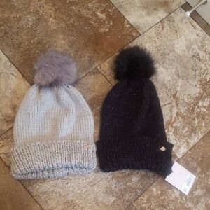 LC Lauren Conrad Gray and Black Faux Fur Pom-Pom Beanie Hat Knit Set
